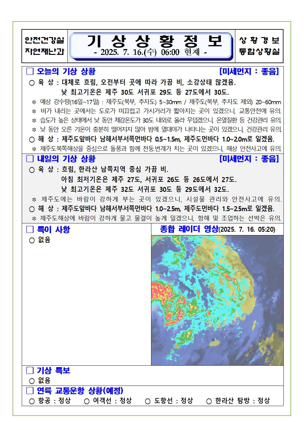 기상상황 2025. 7. 16. 수요일