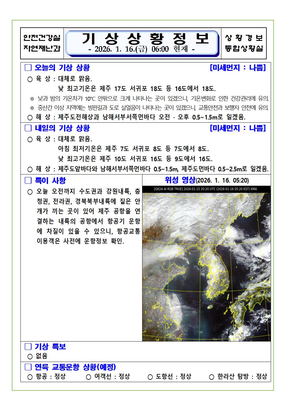 기상상황 2026. 1. 16. 금요일