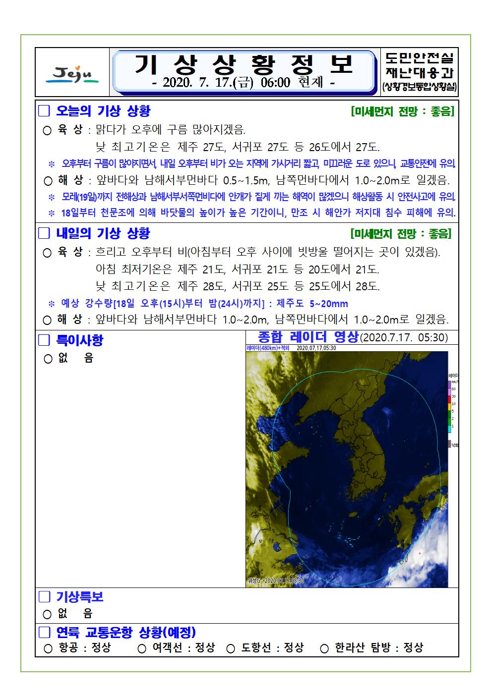 기상상황 2020. 7. 17. 금요일 
