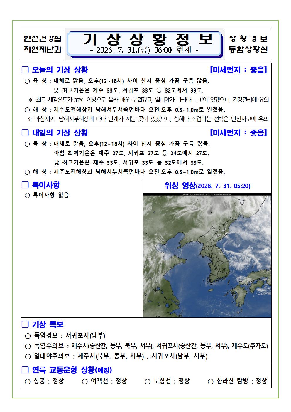 기상상황 2026. 7. 31. 금요일 