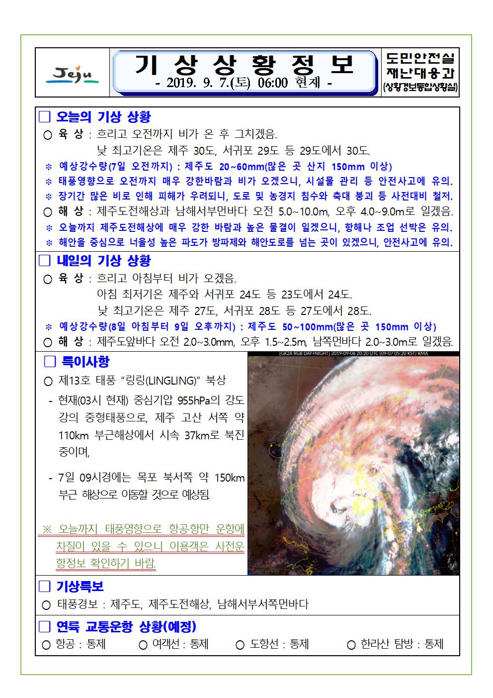 기상상황 정보 2019.9.7. 토요일 