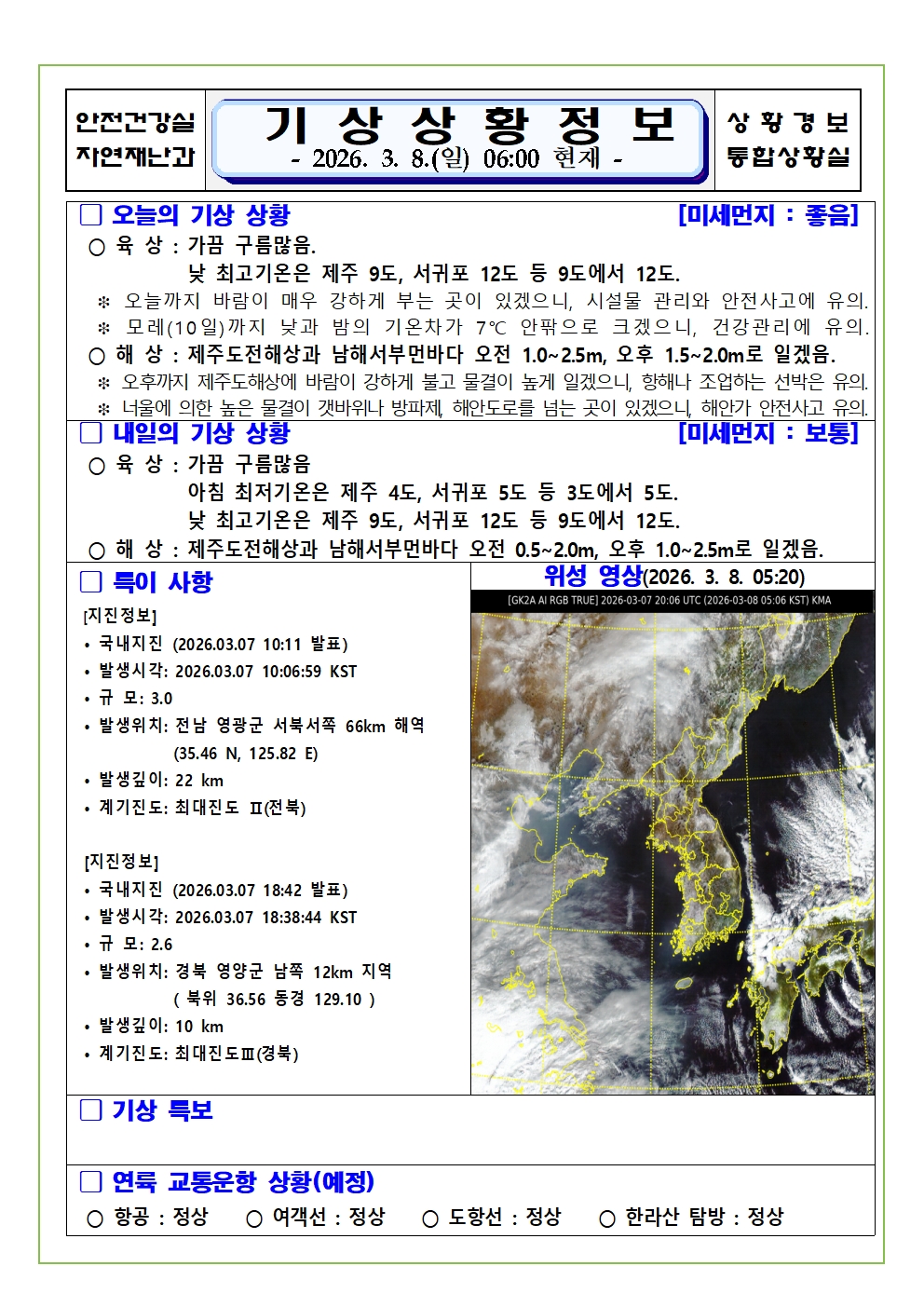 기상상황 2026. 3. 8. 일요일 
