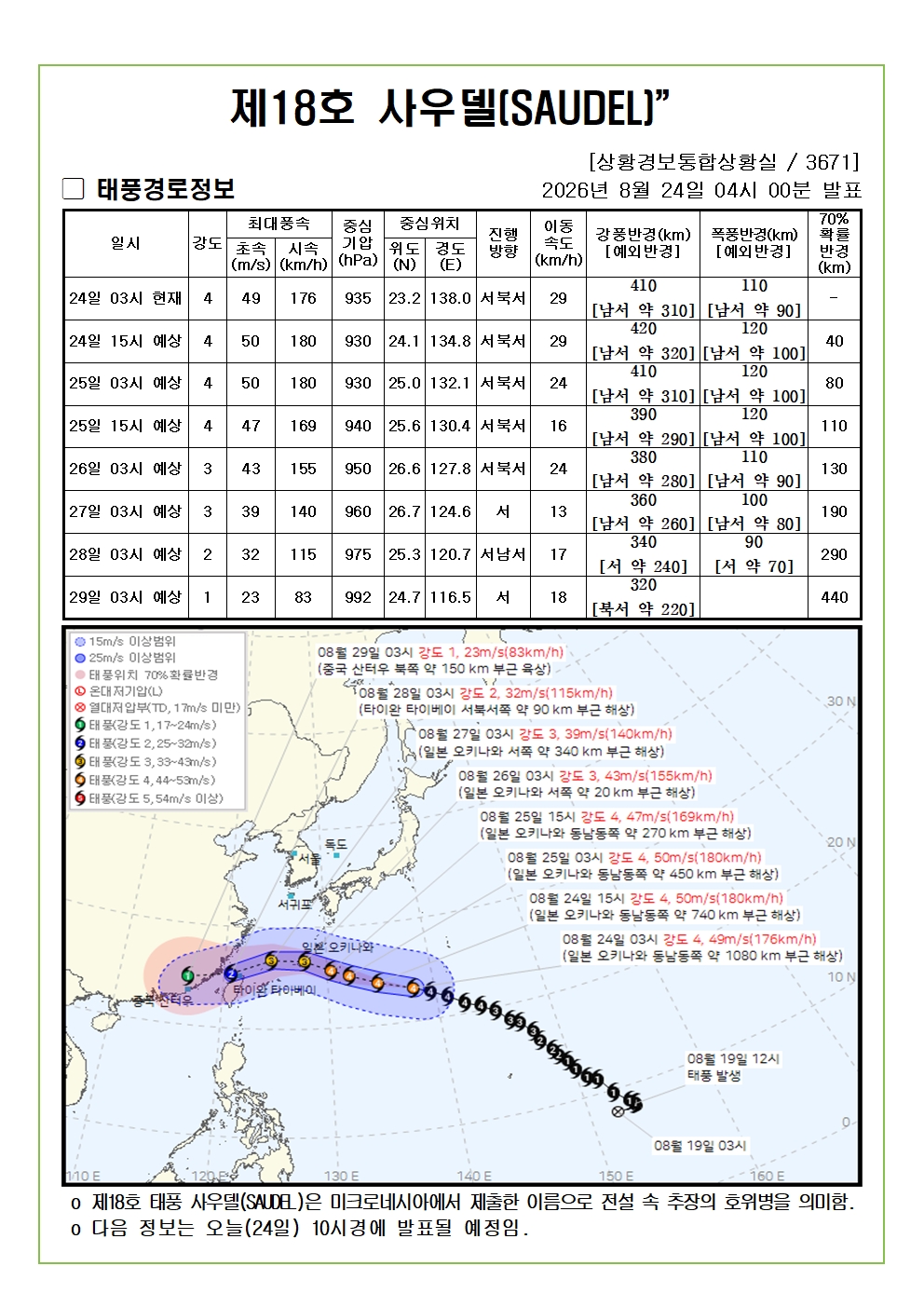 제18호 태풍 사우델 예상진로도 2026. 08. 24. 04시00분 