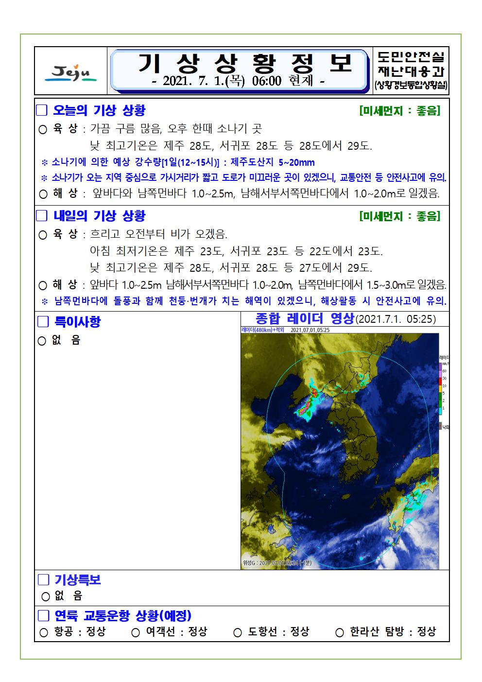 기상상황 2021.7.1 목요일 