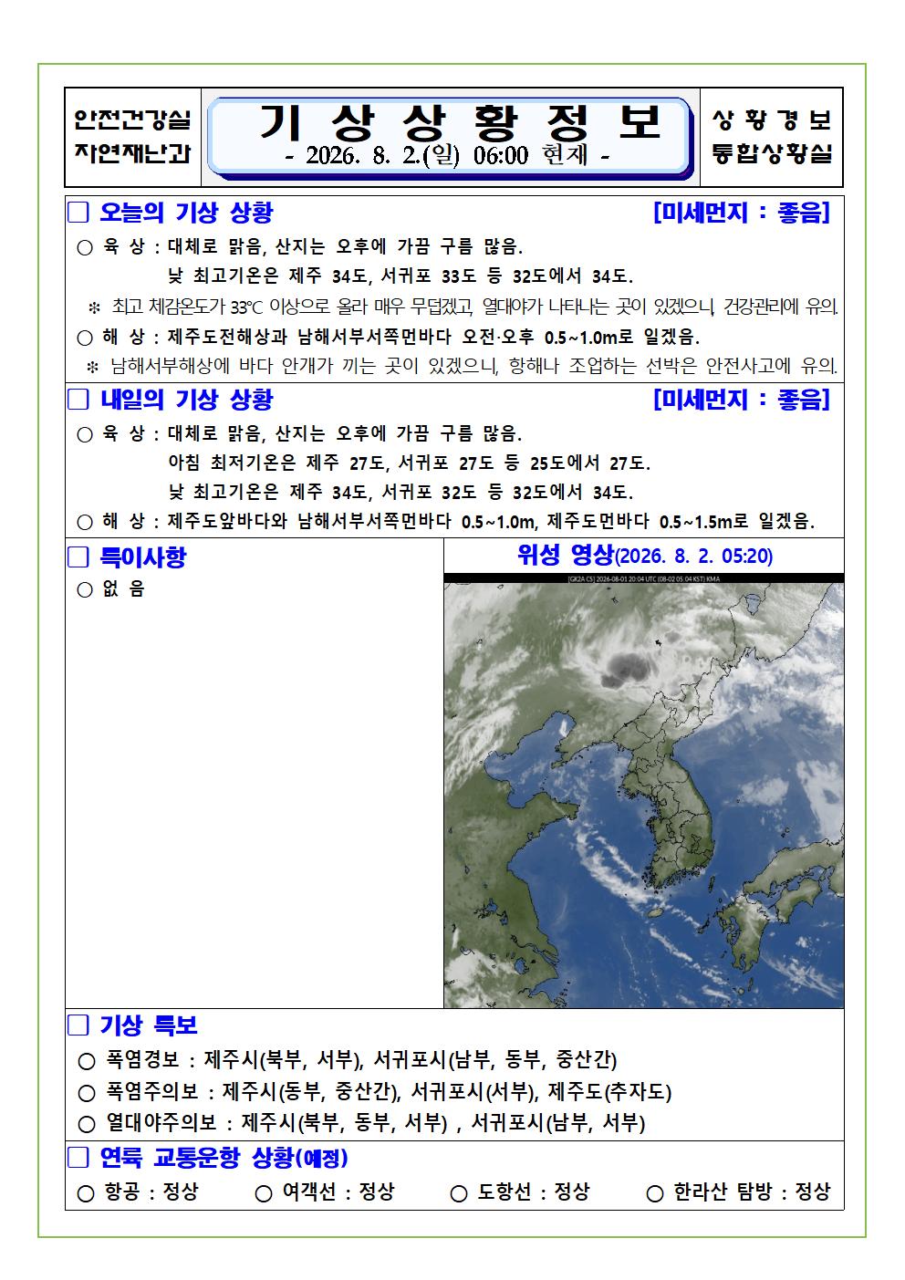 기상상황 2026. 8. 2. 일요일
