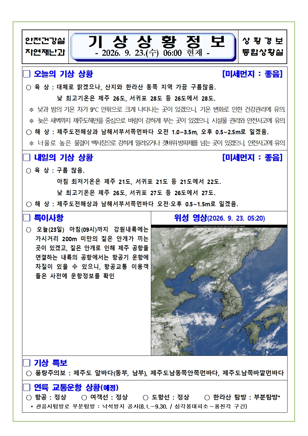 기상상황 2026.09.23. 수요일