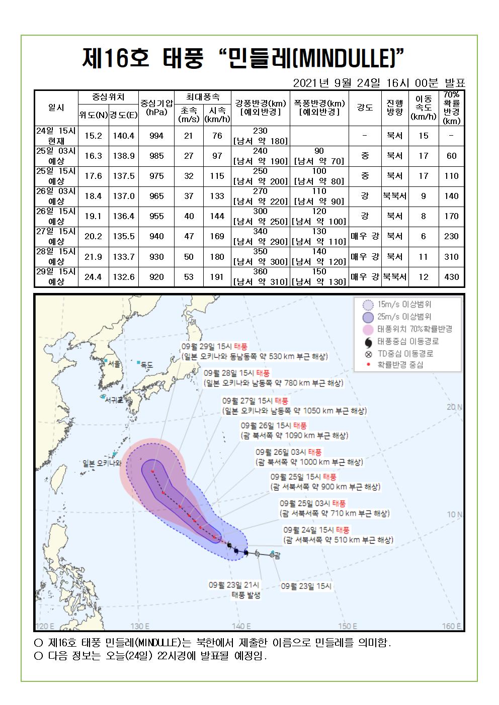 제16호 태풍 민들레 예상진로도 9월 24일(금) 16시00분