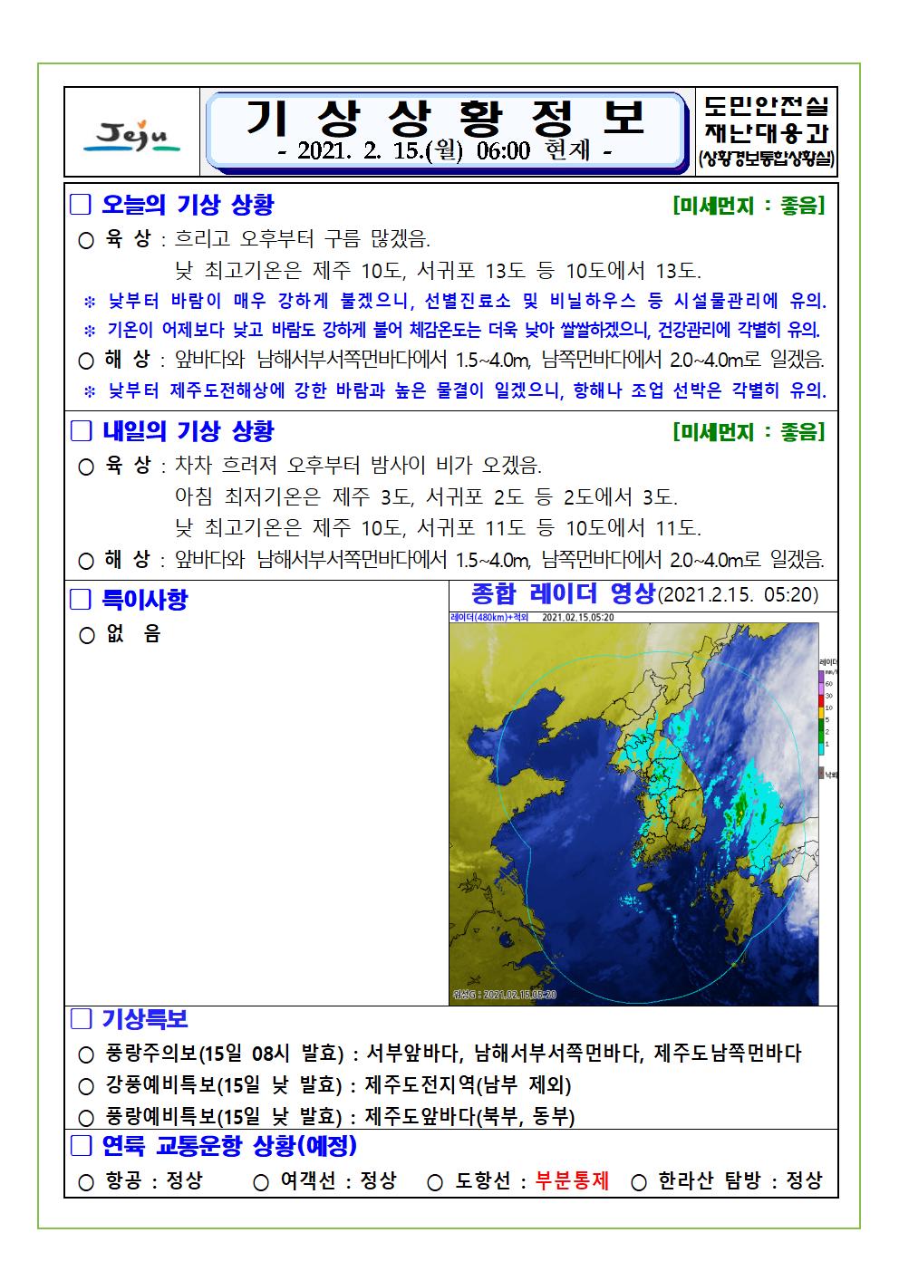 기상상황 2021. 02. 15. 월요일 