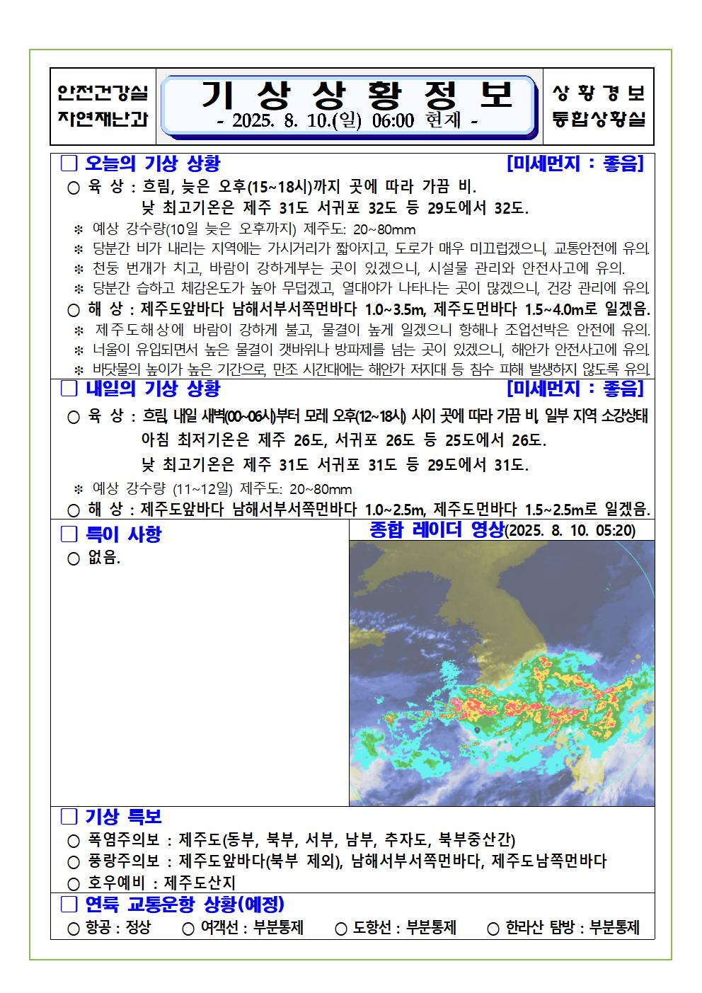 기상상황 2025. 8. 10. 일요일 