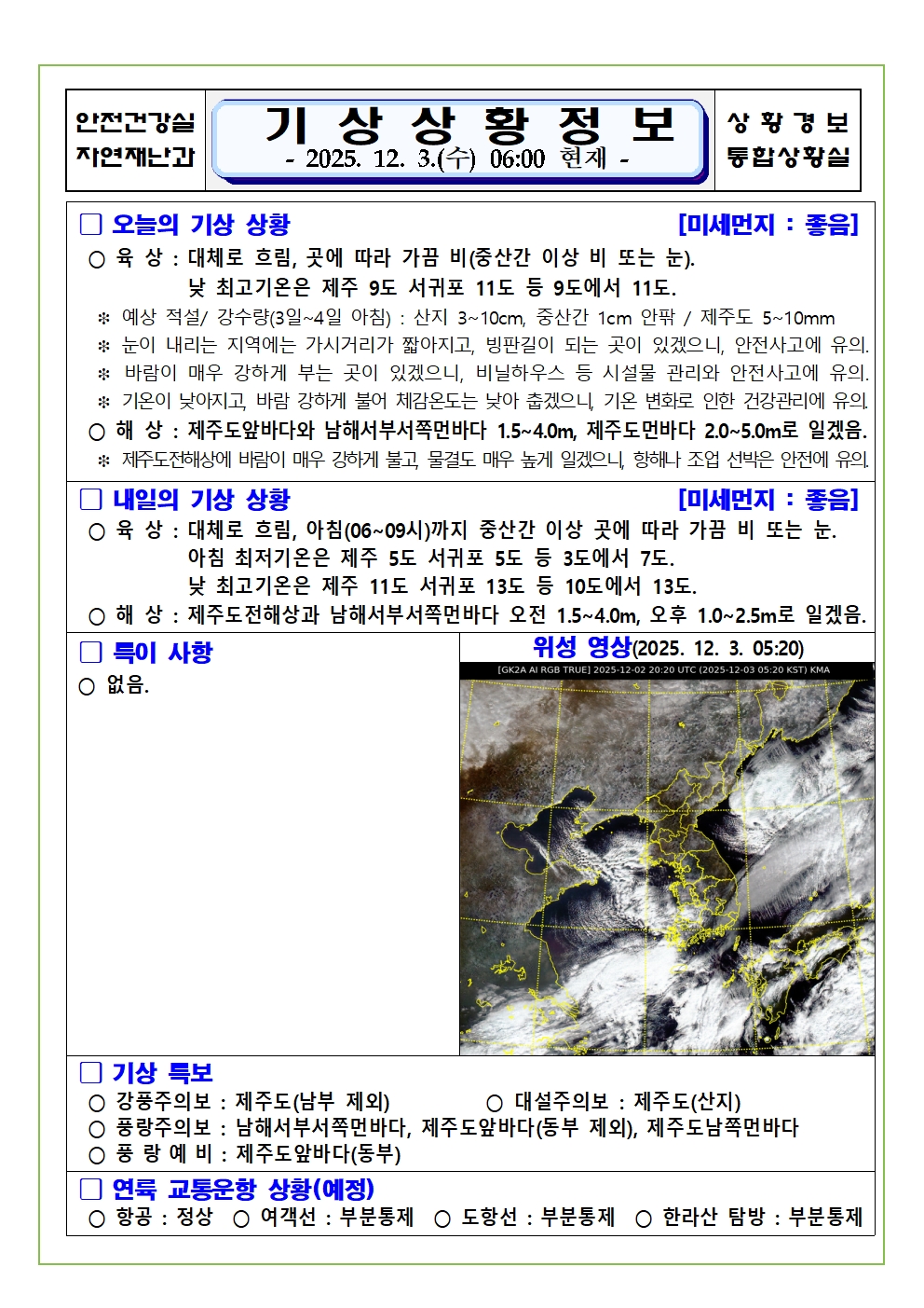 기상상황 2025. 12. 03. 수요일 