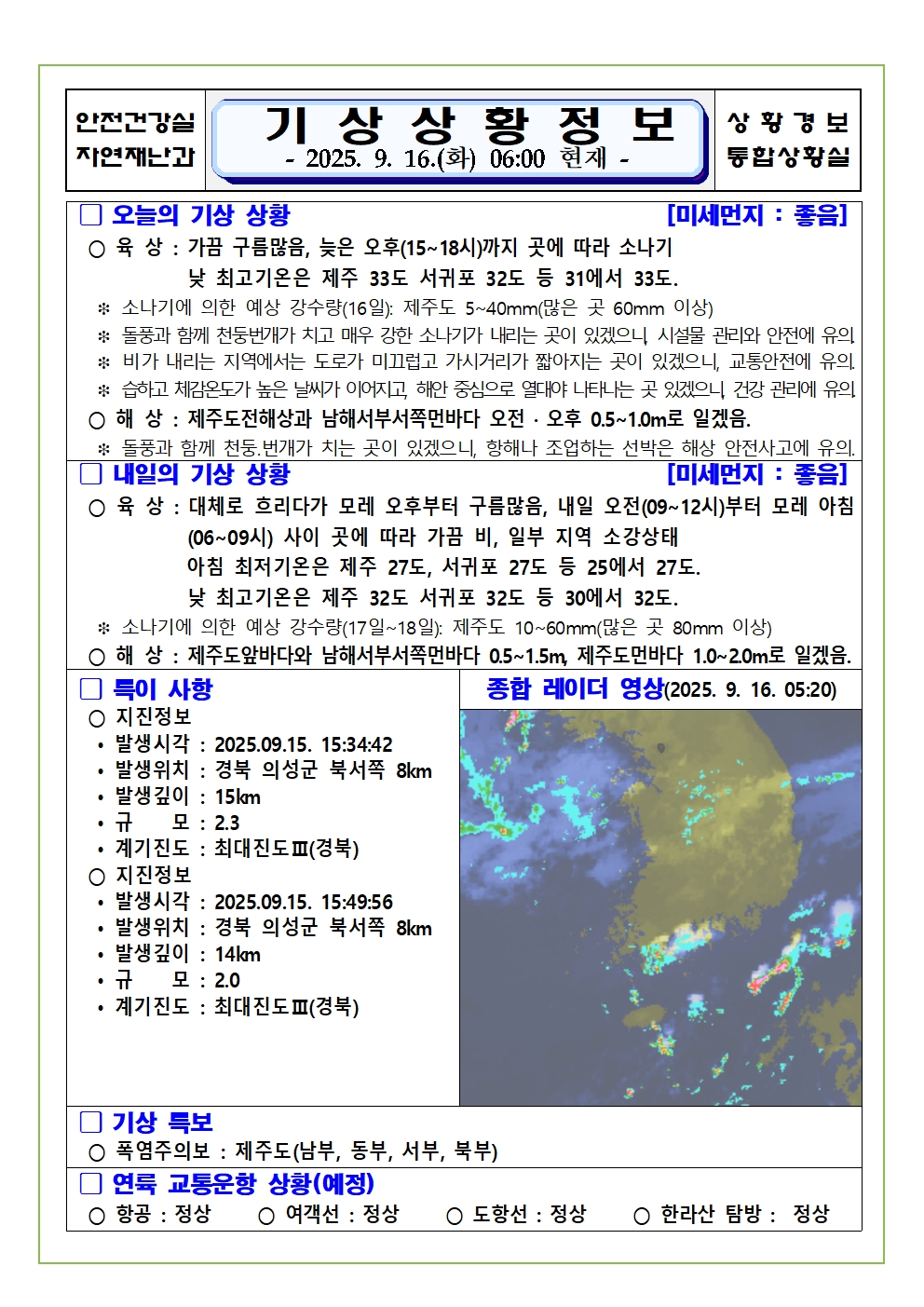 기상상황 2025. 9. 16. 화요일 