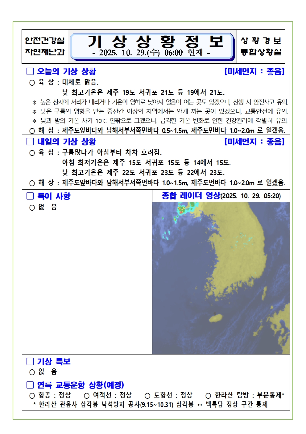 기상상황 2025. 10. 29. 수요일 