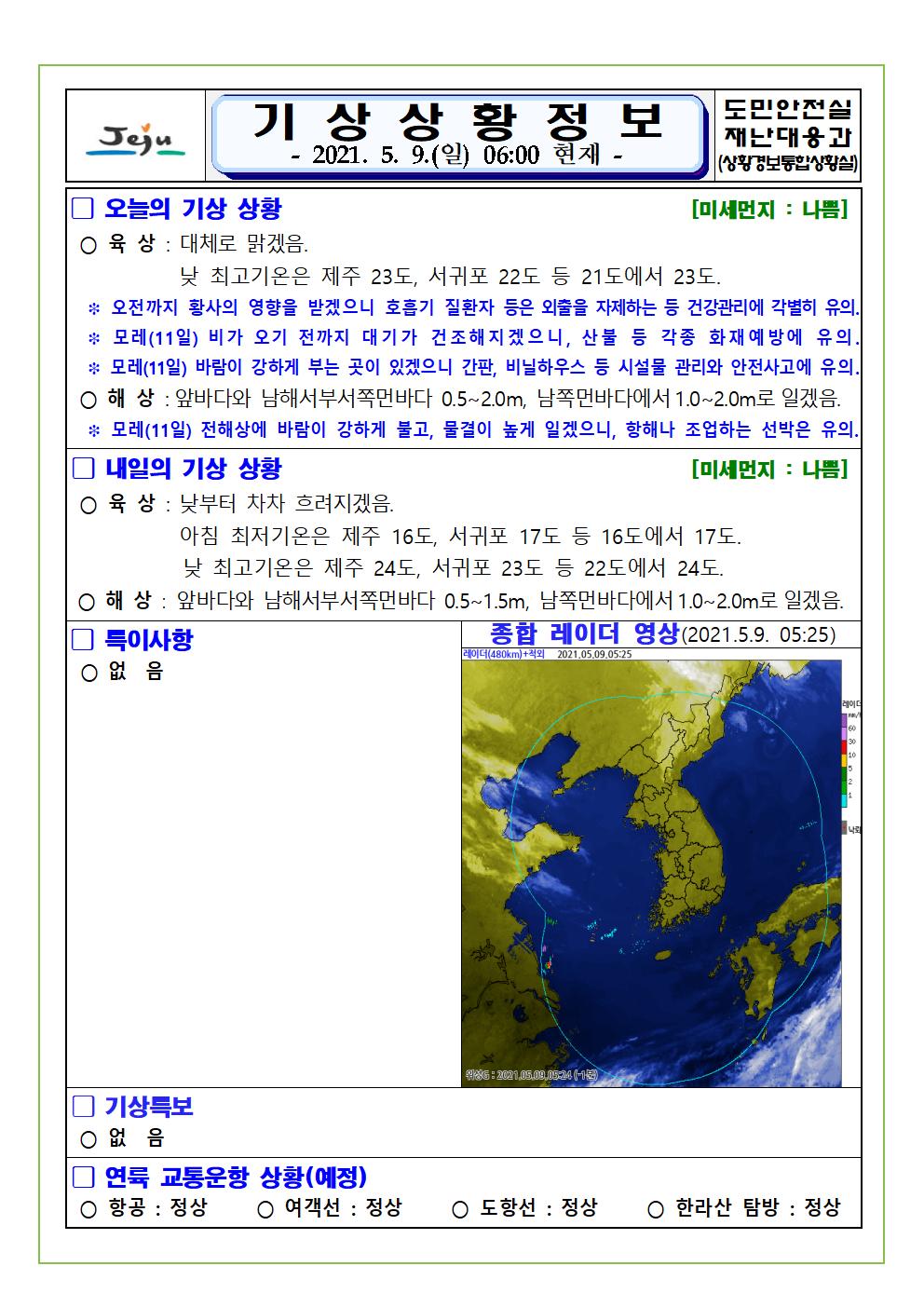 기상상황 2021. 5. 9. 일요일 