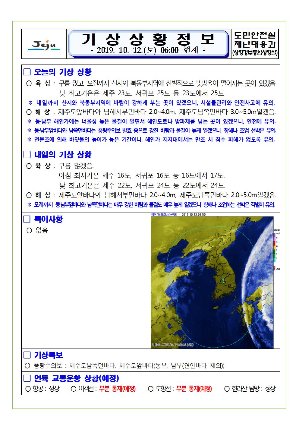 기상상황 정보 2019.10.12. 토요일