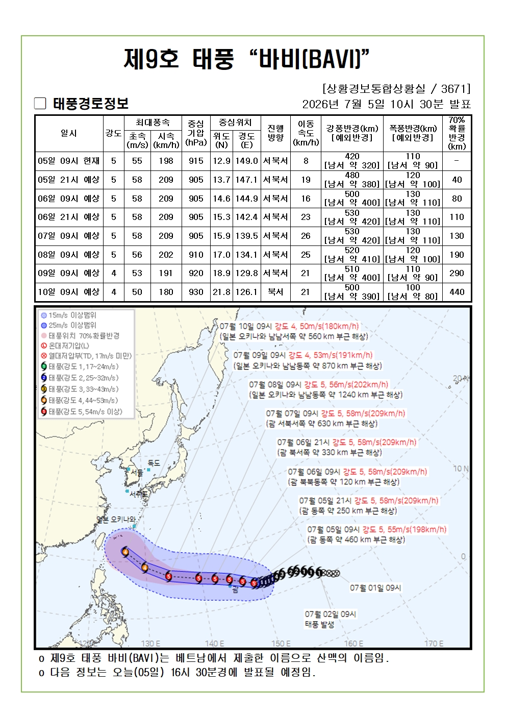제9호 태풍 바비 예상진로도 2026. 07. 05. 10시30분