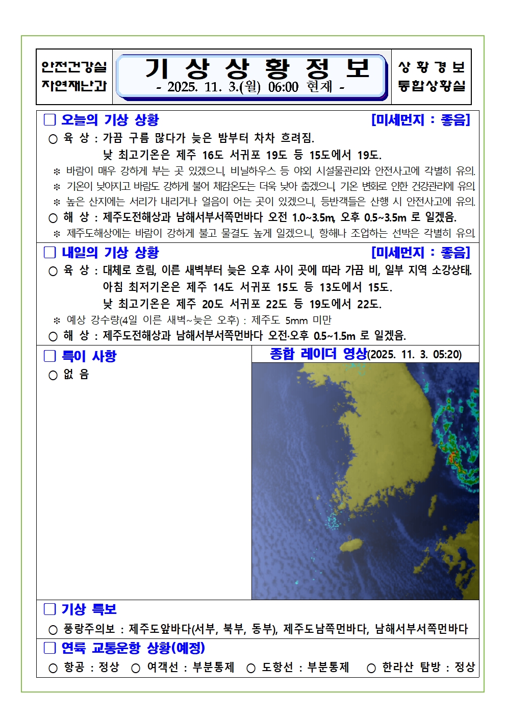 기상상황 2025. 11. 03. 월요일 