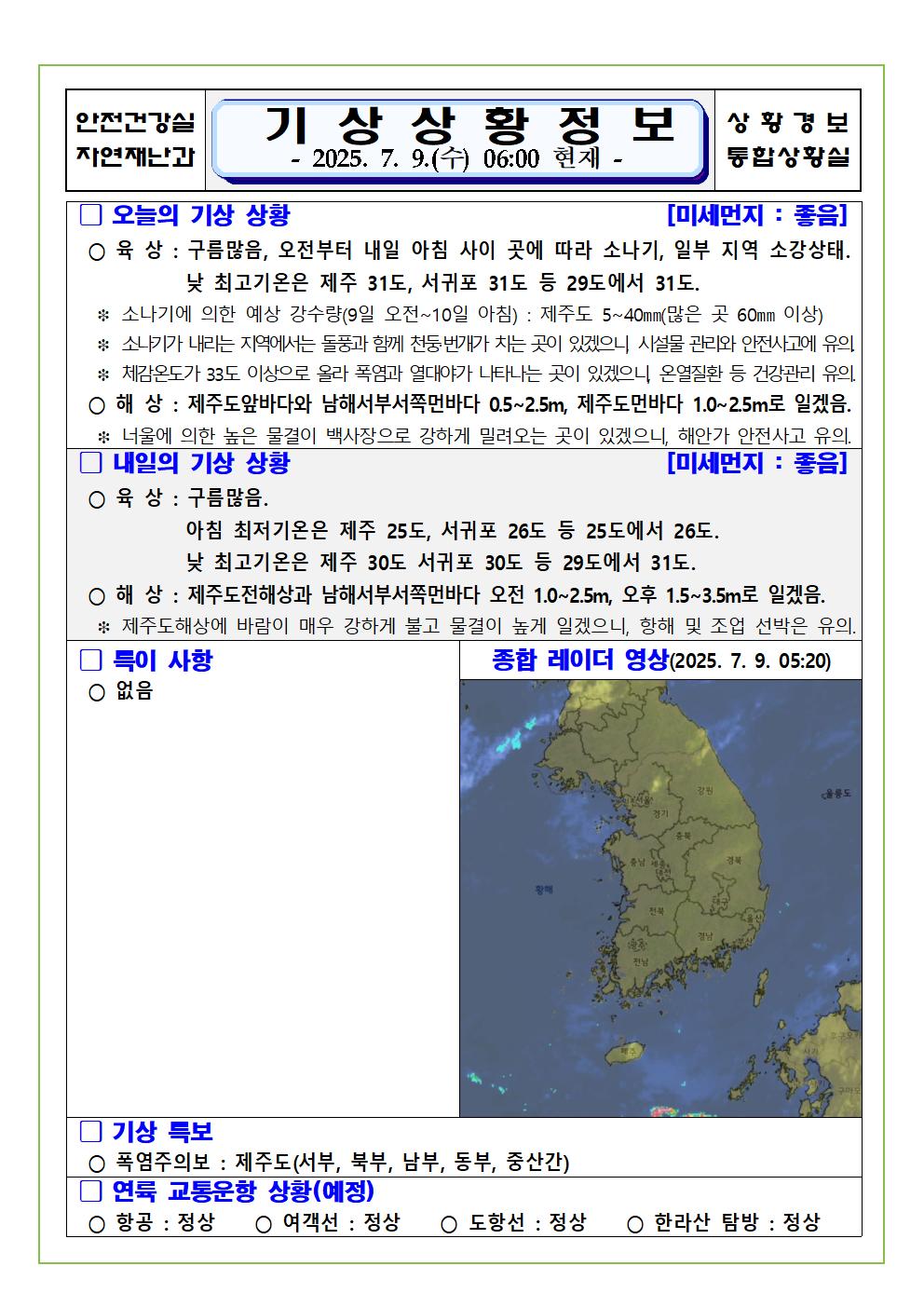 기상상황 2025. 7. 9. 수요일