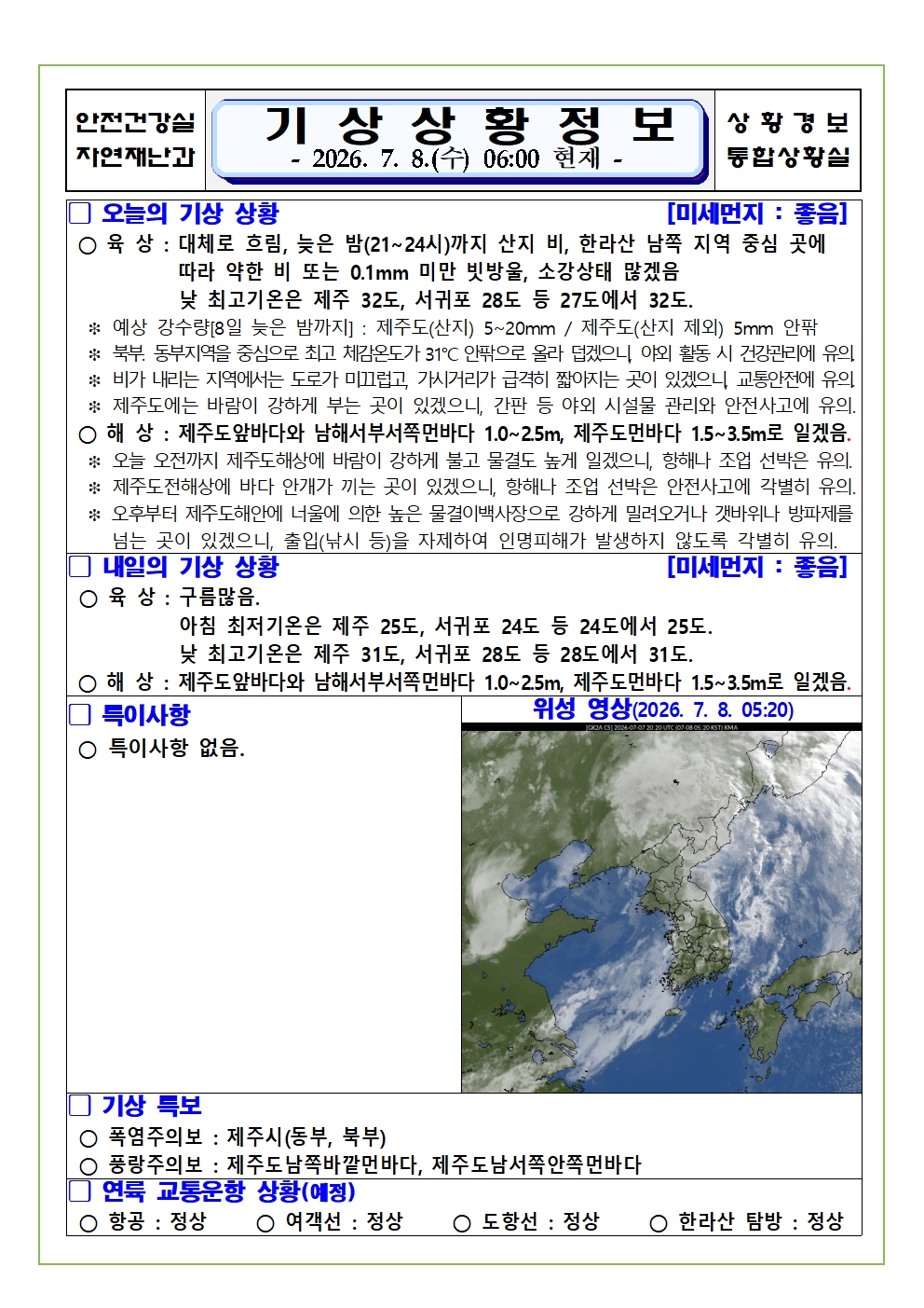 기상상황 2026. 7. 8. 수요일