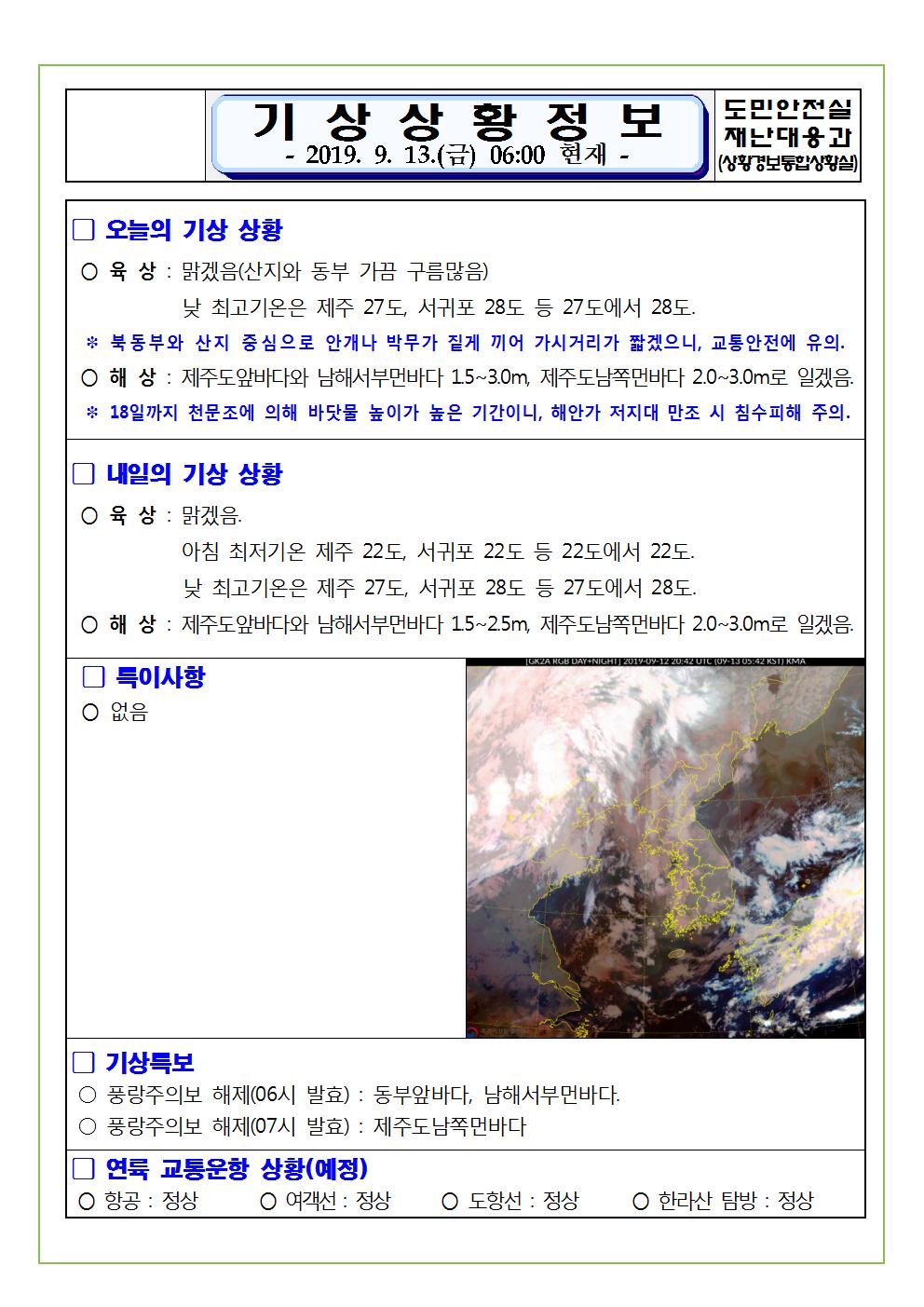 기상상황 정보 2019.9.13. 금요일