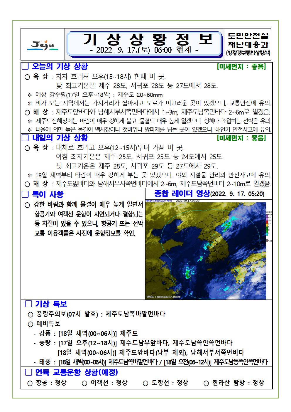 기상상황 2022.09.17. 토요일 