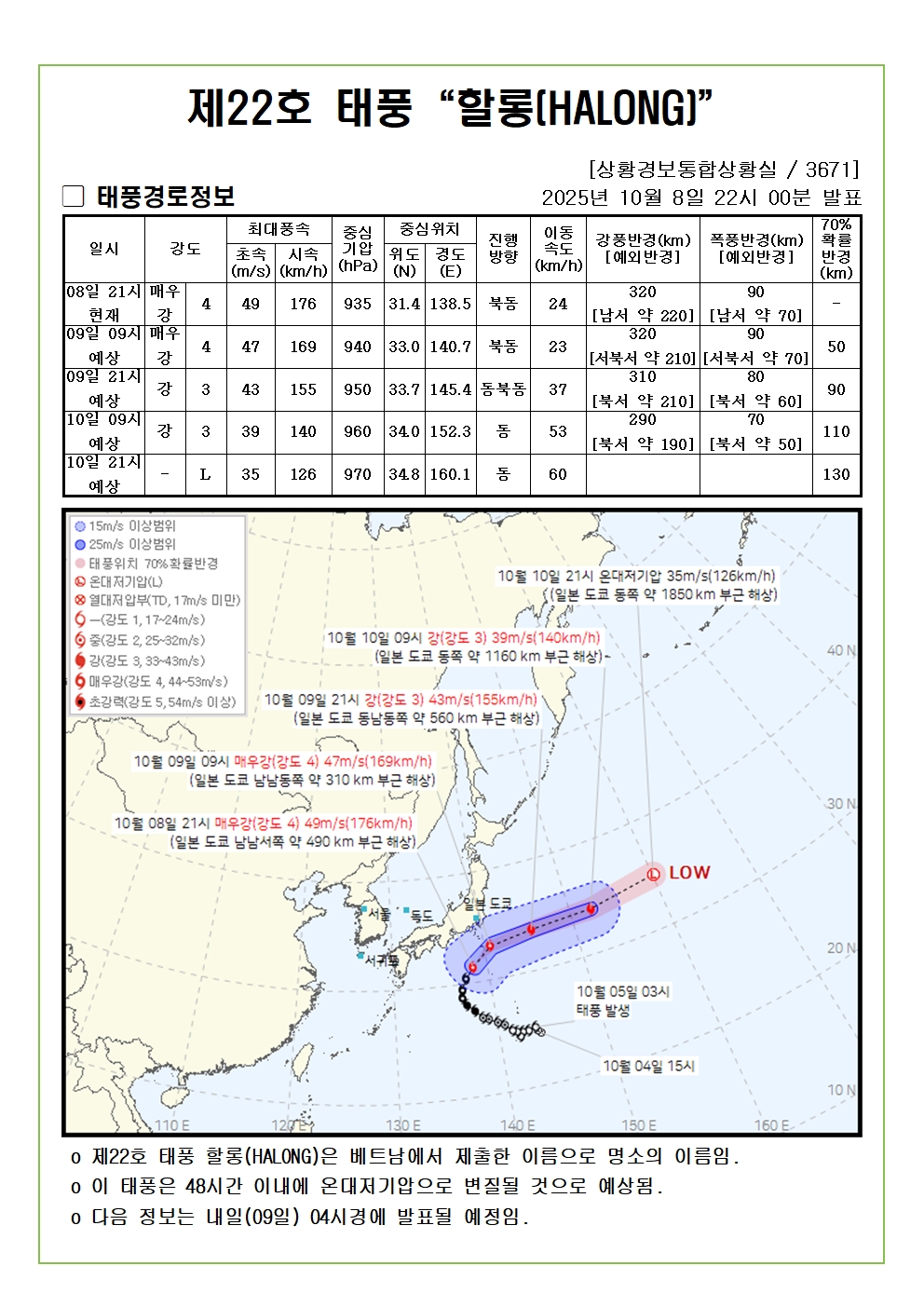 제22호 태풍 할롱 예상진로도 2025. 10. 08. 22시00분 발표 