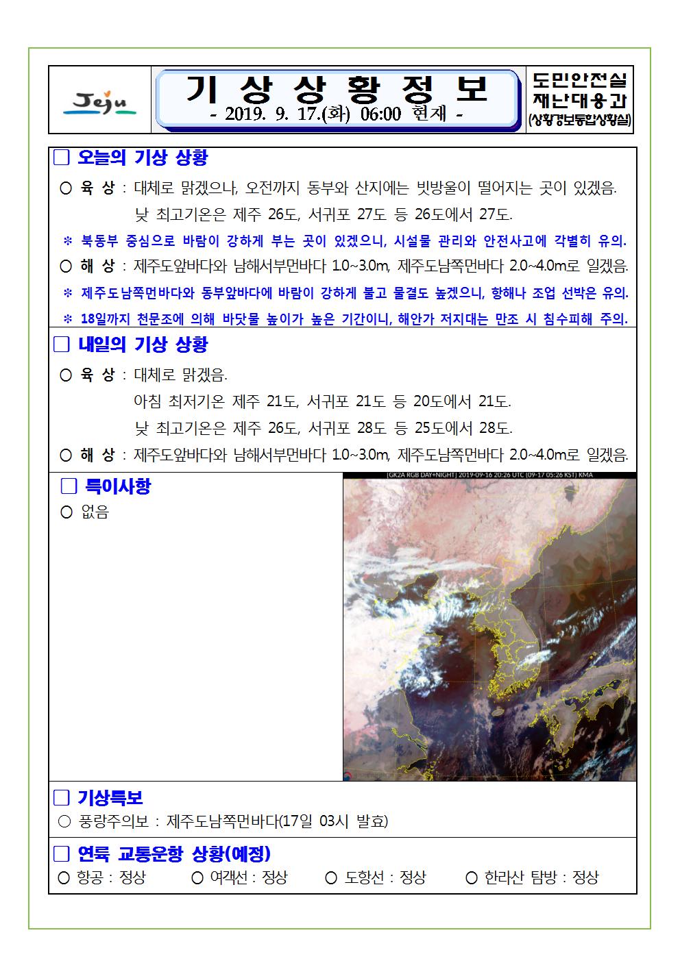 기상상황 정보 2019.9.17. 화요일