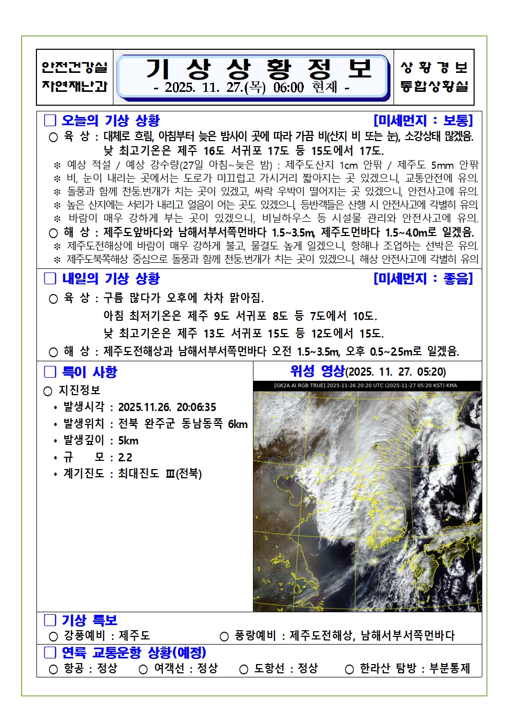 기상상황 2025. 11. 27. 목요일 