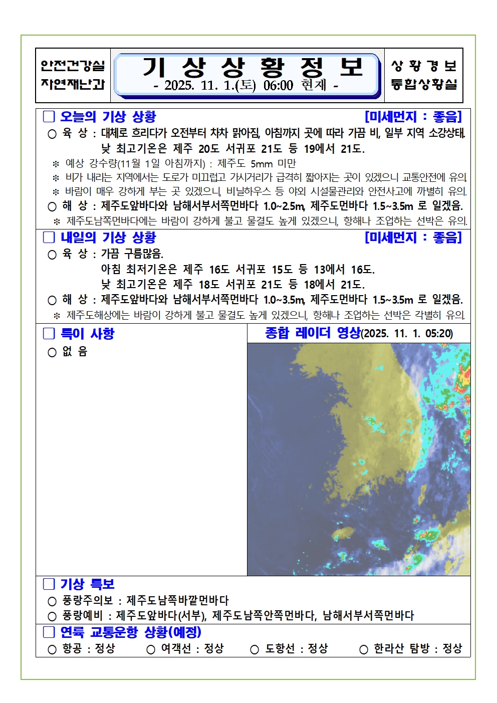 기상상황 2025. 11. 01. 토요일