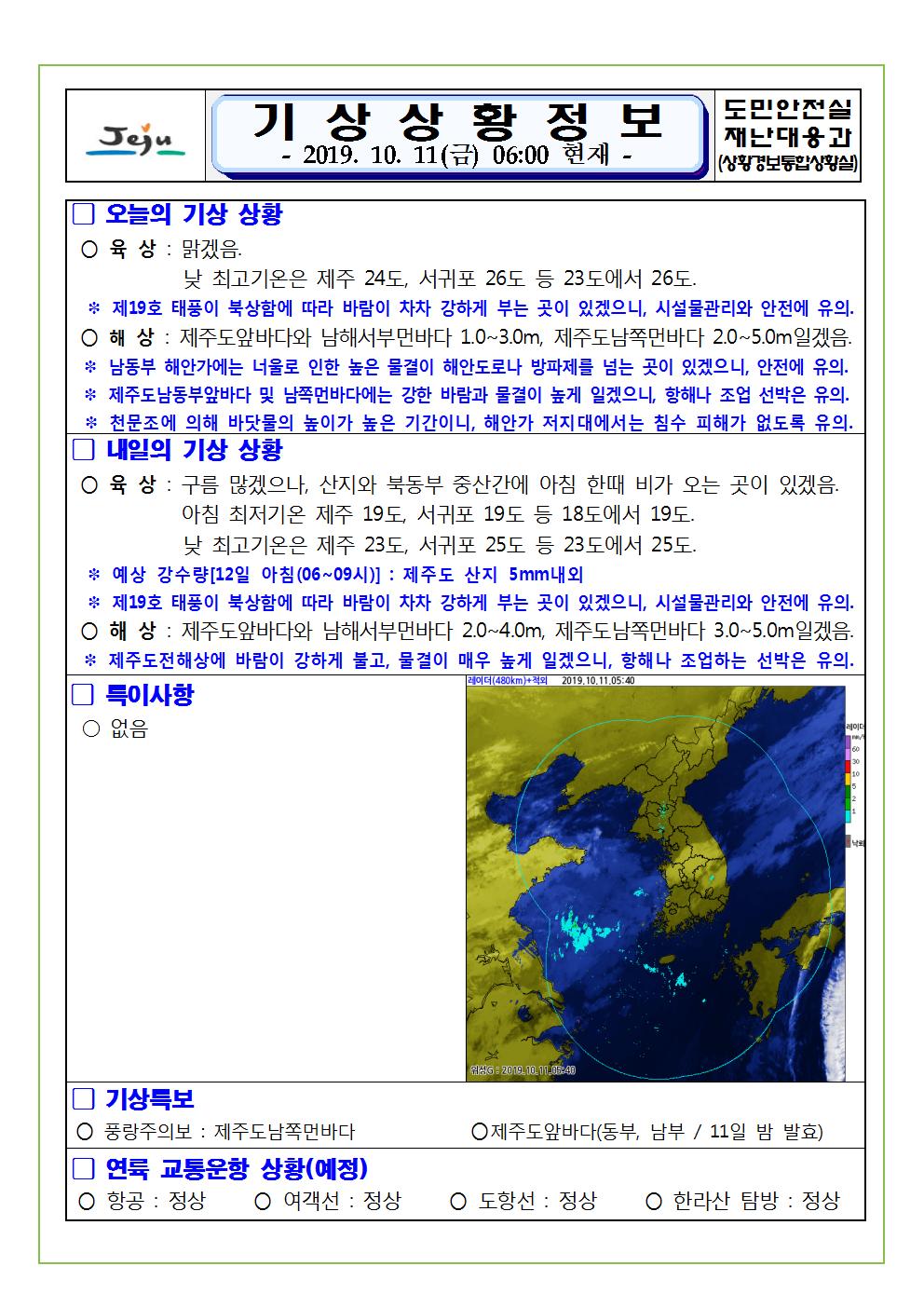 기상상황 정보 2019.10.11. 금요일