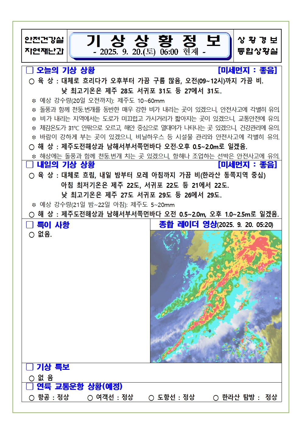 기상상황 2025. 9. 20. 토요일