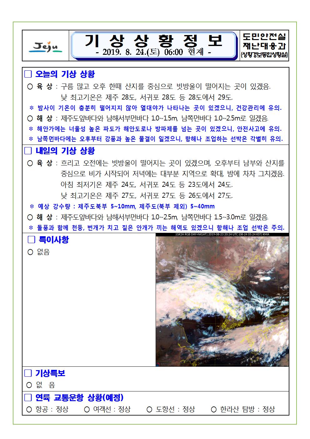 기상상황 정보 2019.8.24. 토요일