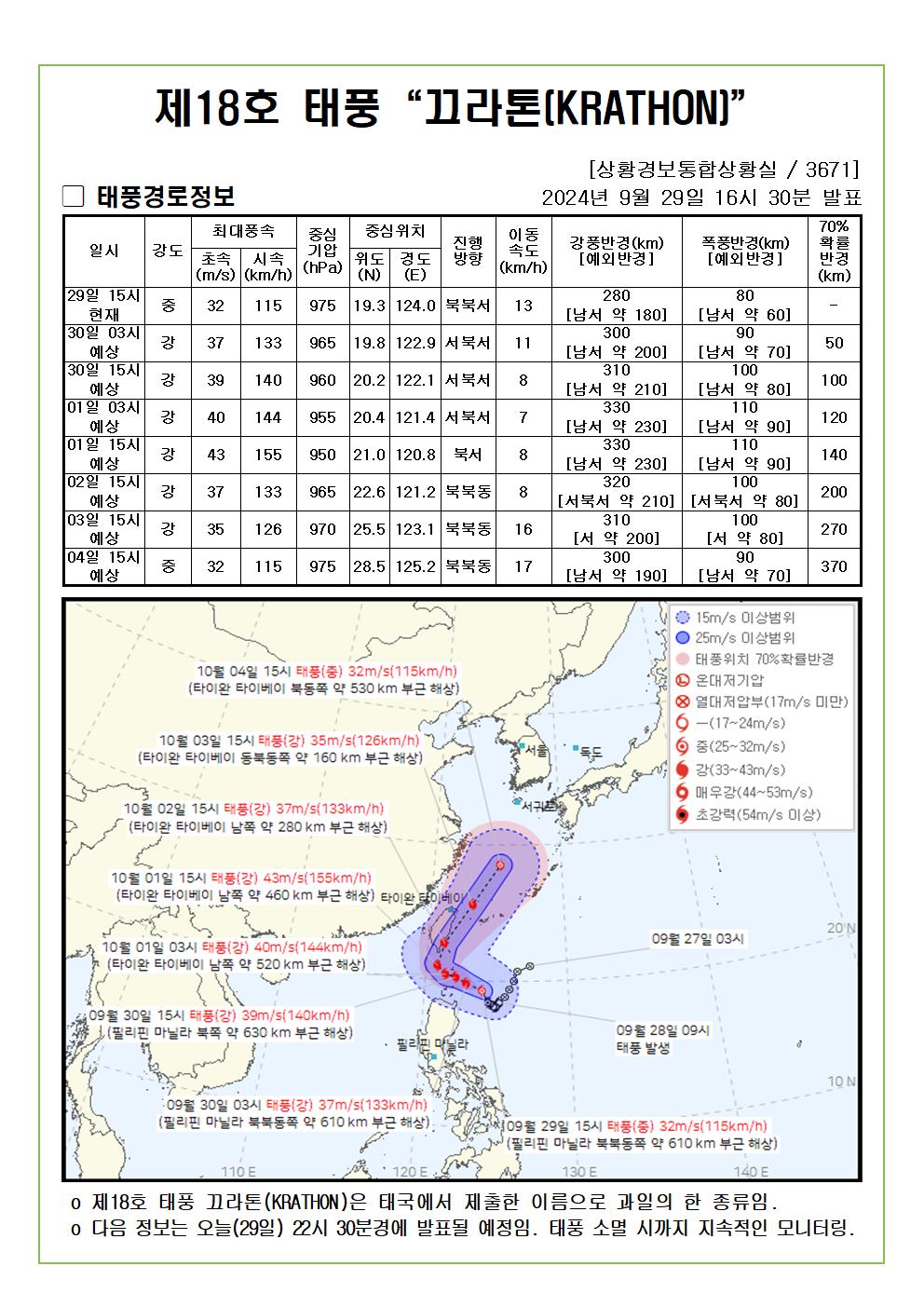 제18호 태풍 끄라톤 예상진로도 2024. 09. 29. 16시30분 발표 