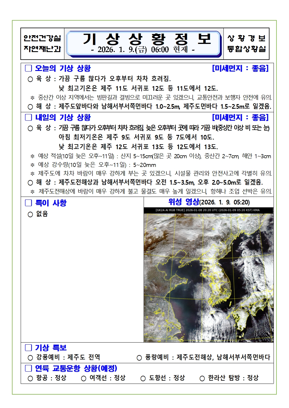 기상상황 2026. 1. 9. 금요일