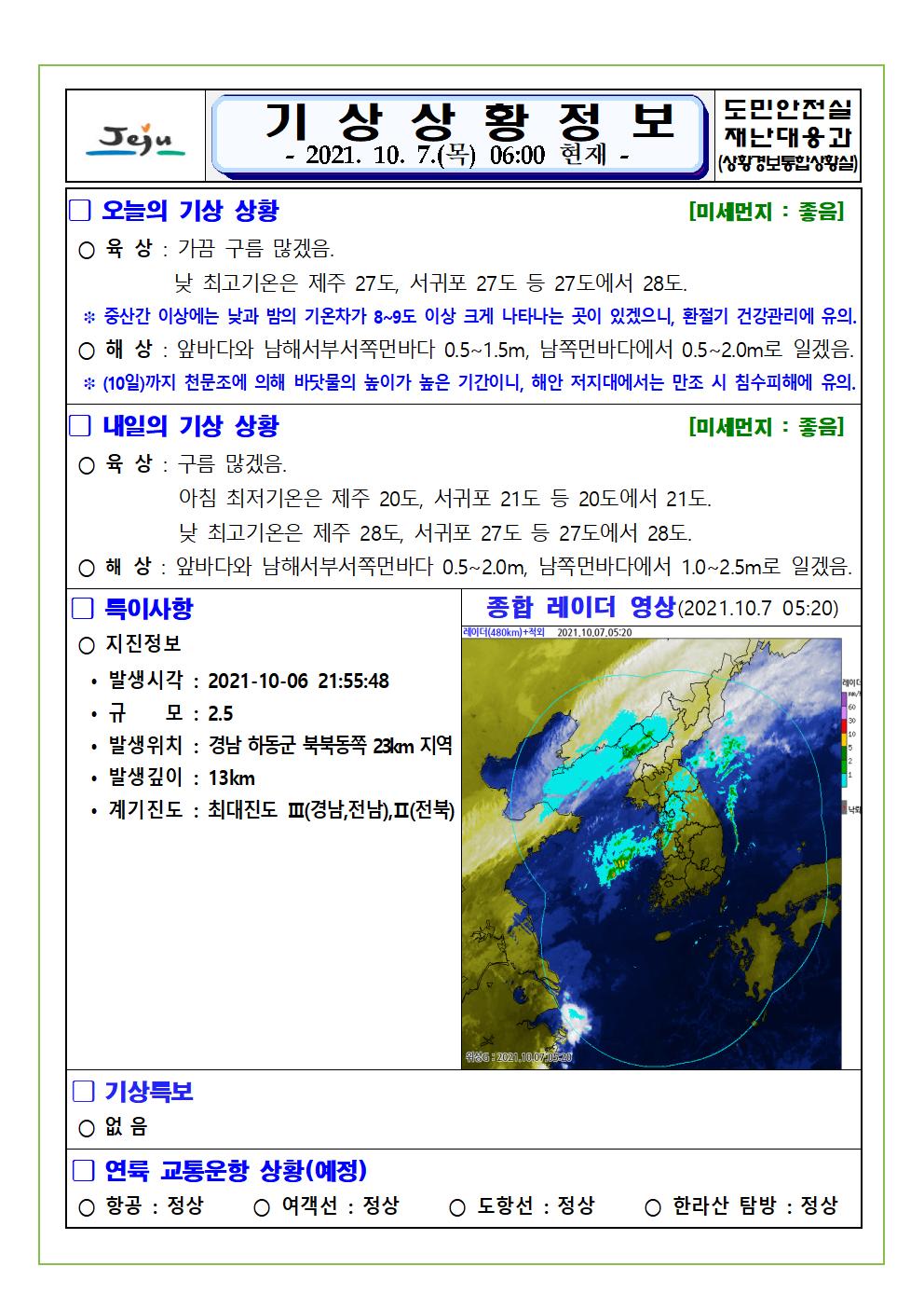 기상상황 2021.10.7. 목요일 