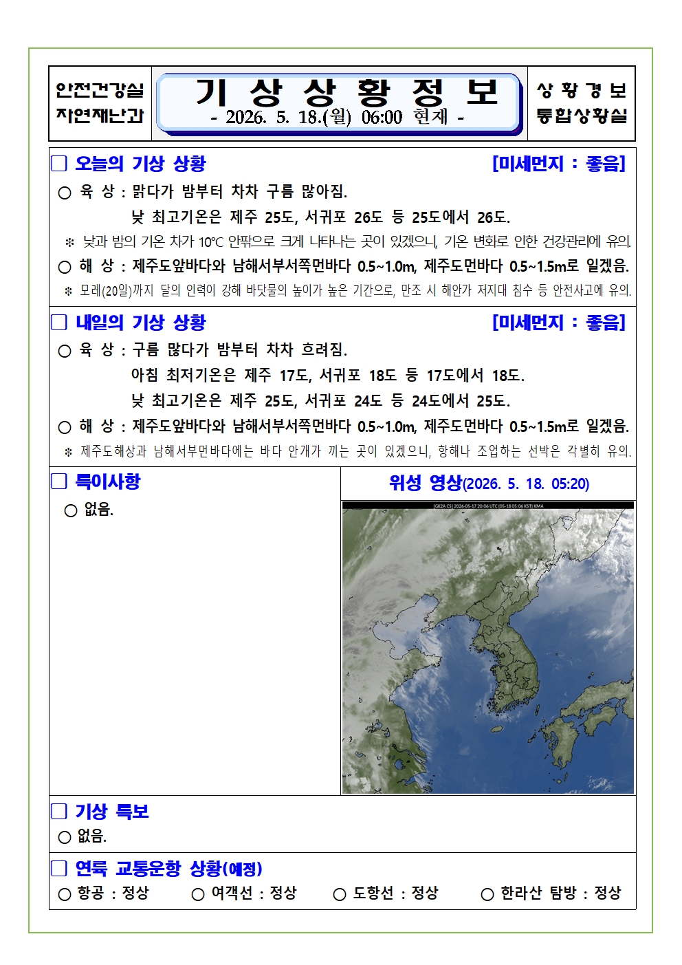 기상상황 2026. 5. 18. 월요일