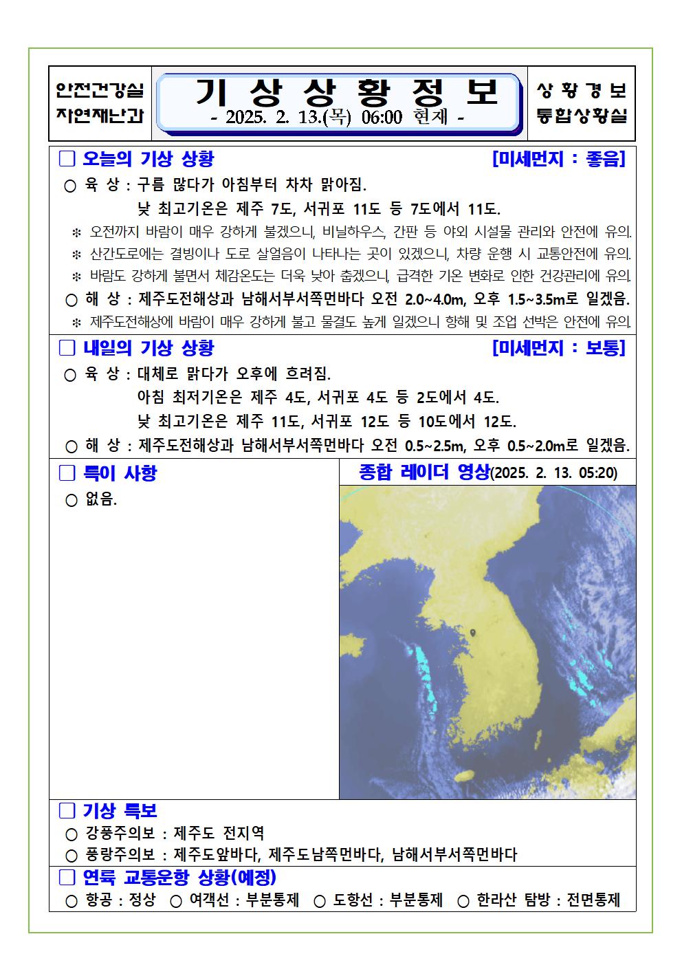 기상상황 2025. 2. 13. 목요일