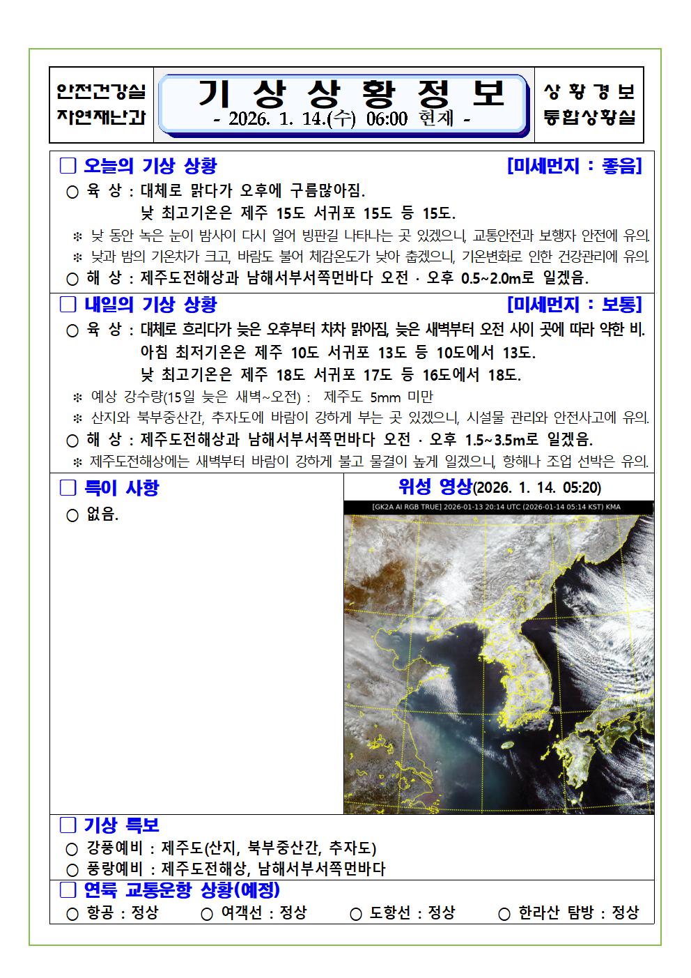 기상상황 2026. 1. 14. 수요일