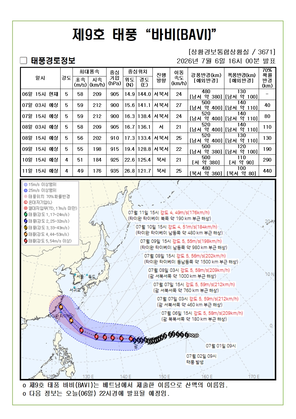 제9호 태풍 바비 예상진로도 2026. 07. 06. 16시00분 