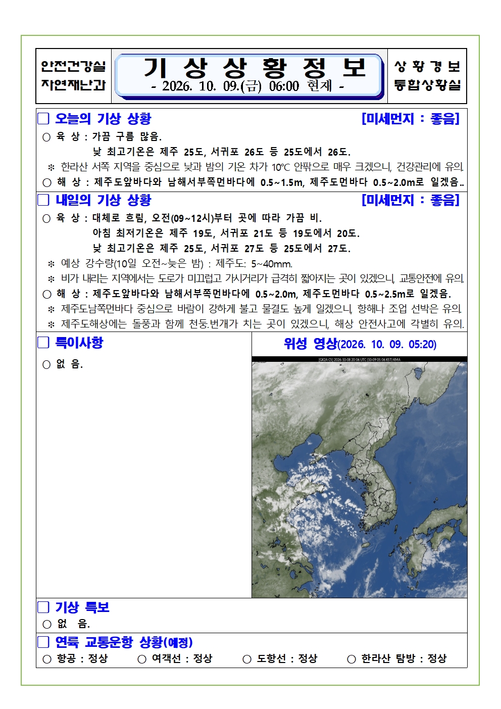 기상상황 2026.10.09. 금요일 