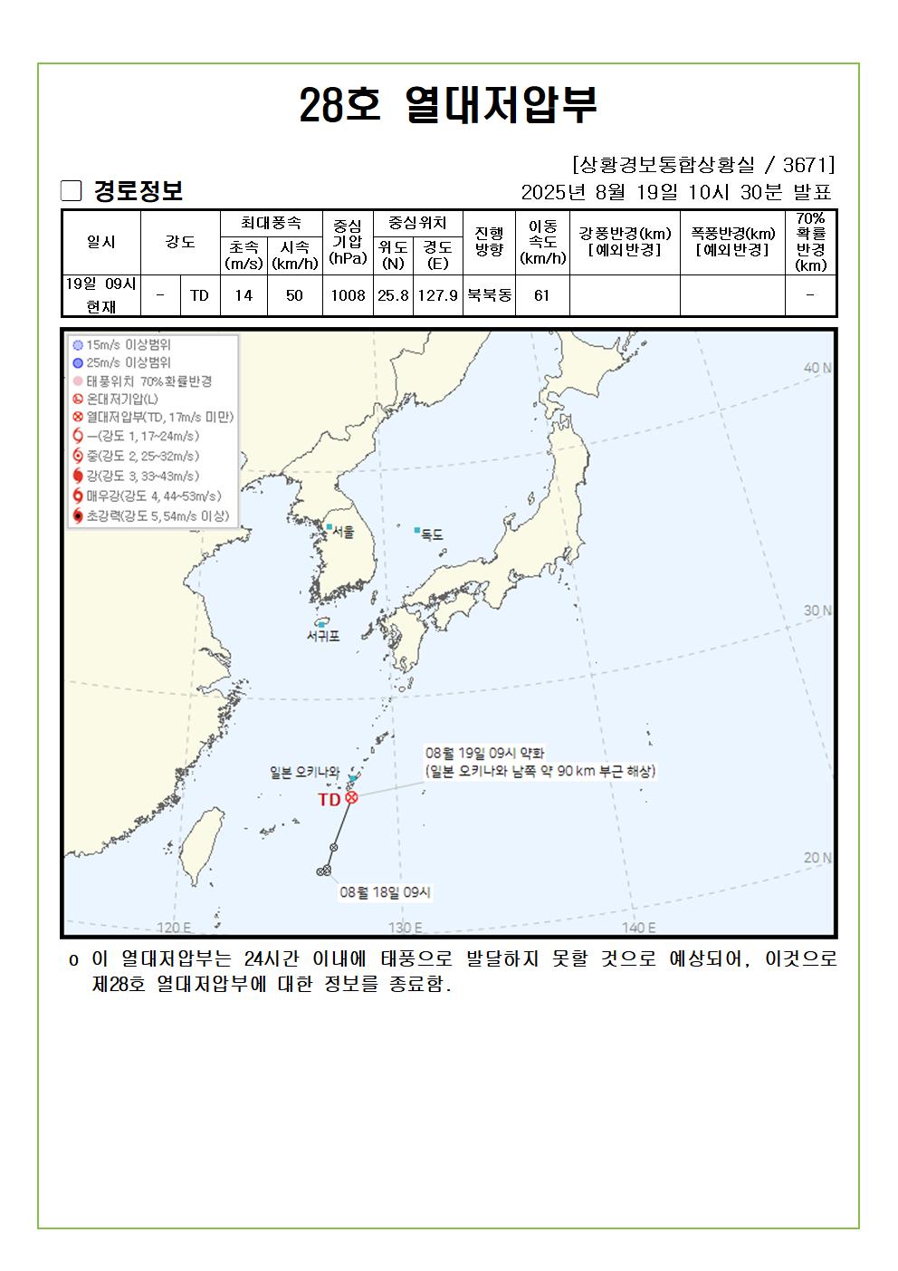 제28호 열대저압부 예상진로도 2025. 08. 19. 10시30분 발표 