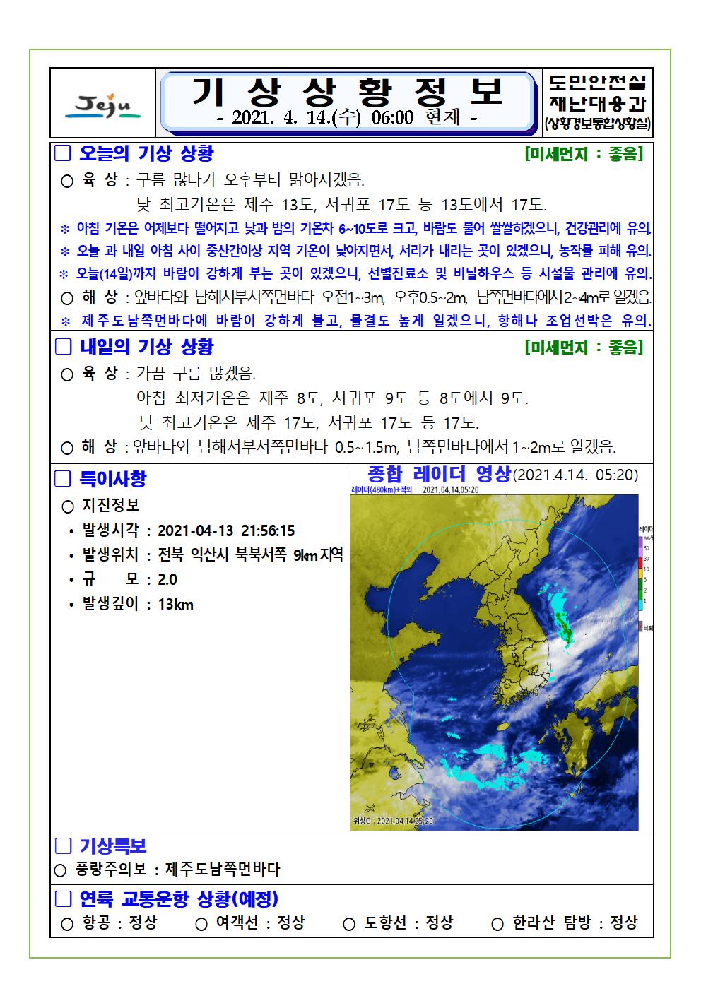 기상상황 2021. 4. 14. 수요일 