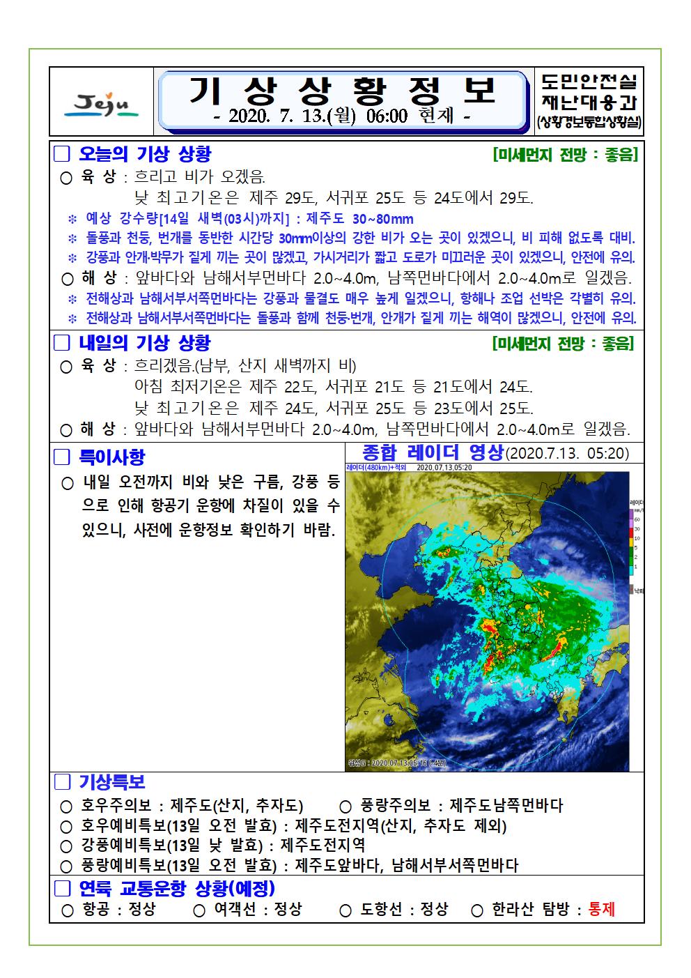 기상상황 2020. 7. 13. 월요일