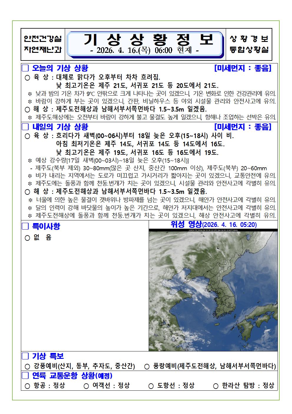 기상상황 2026. 4. 16. 목요일 