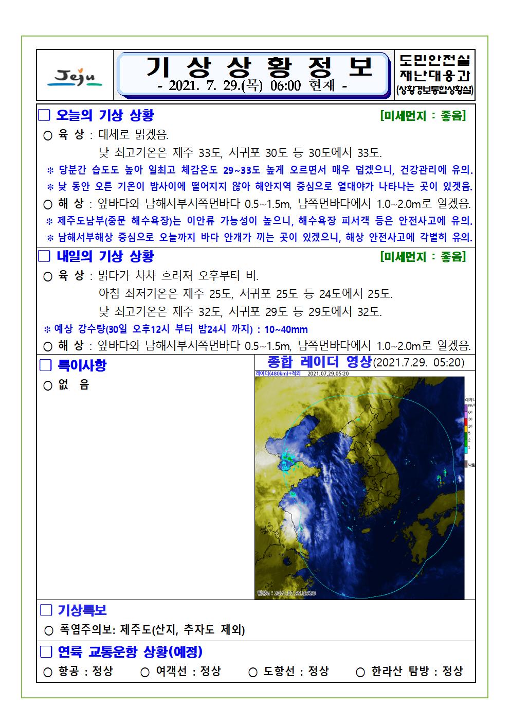 기상상황 2021.7.29. 목요일