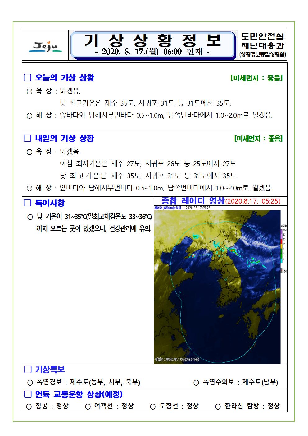 기상상황 2020. 8. 17. 월요일