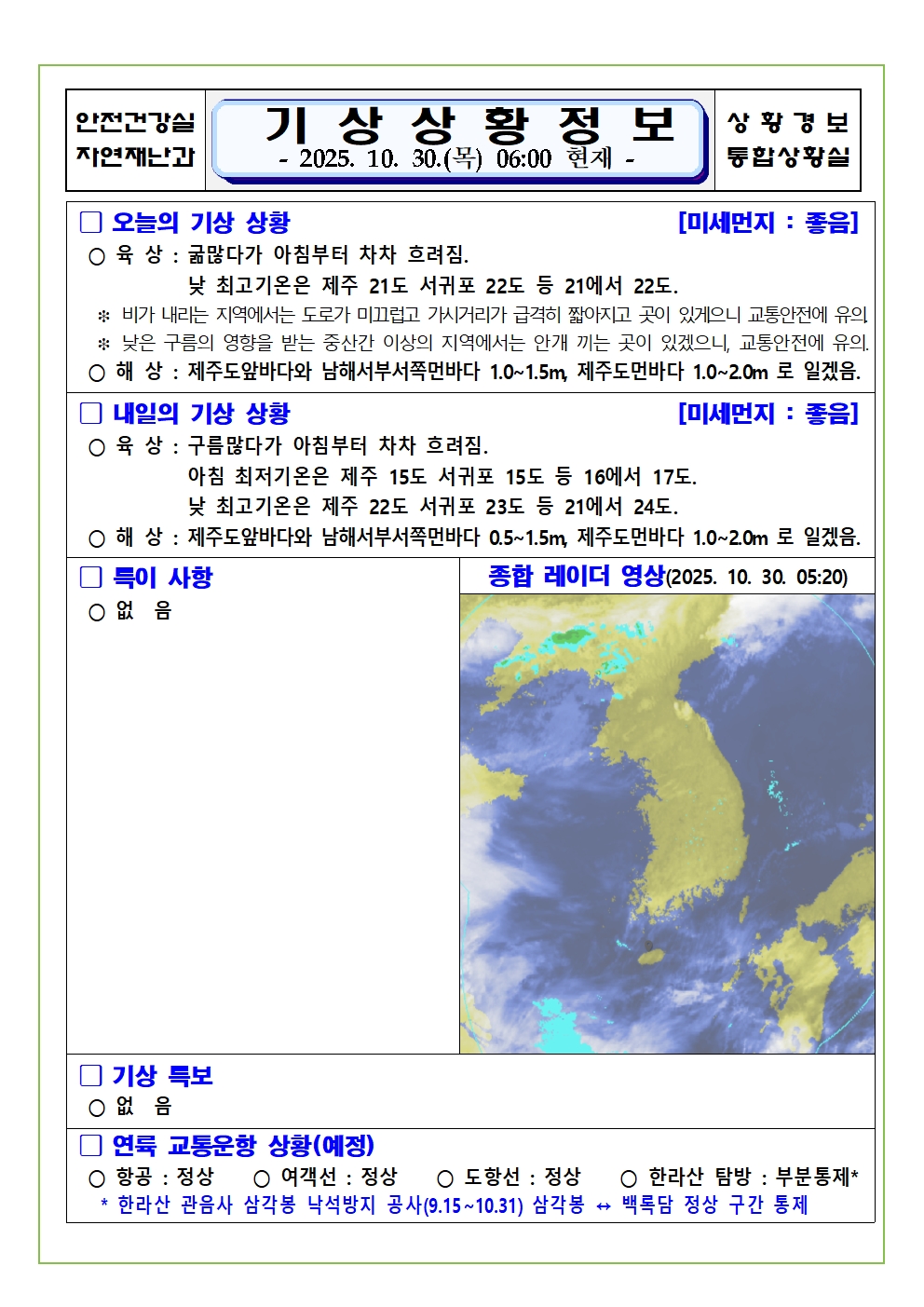 기상상황 2025. 10. 30. 목요일 