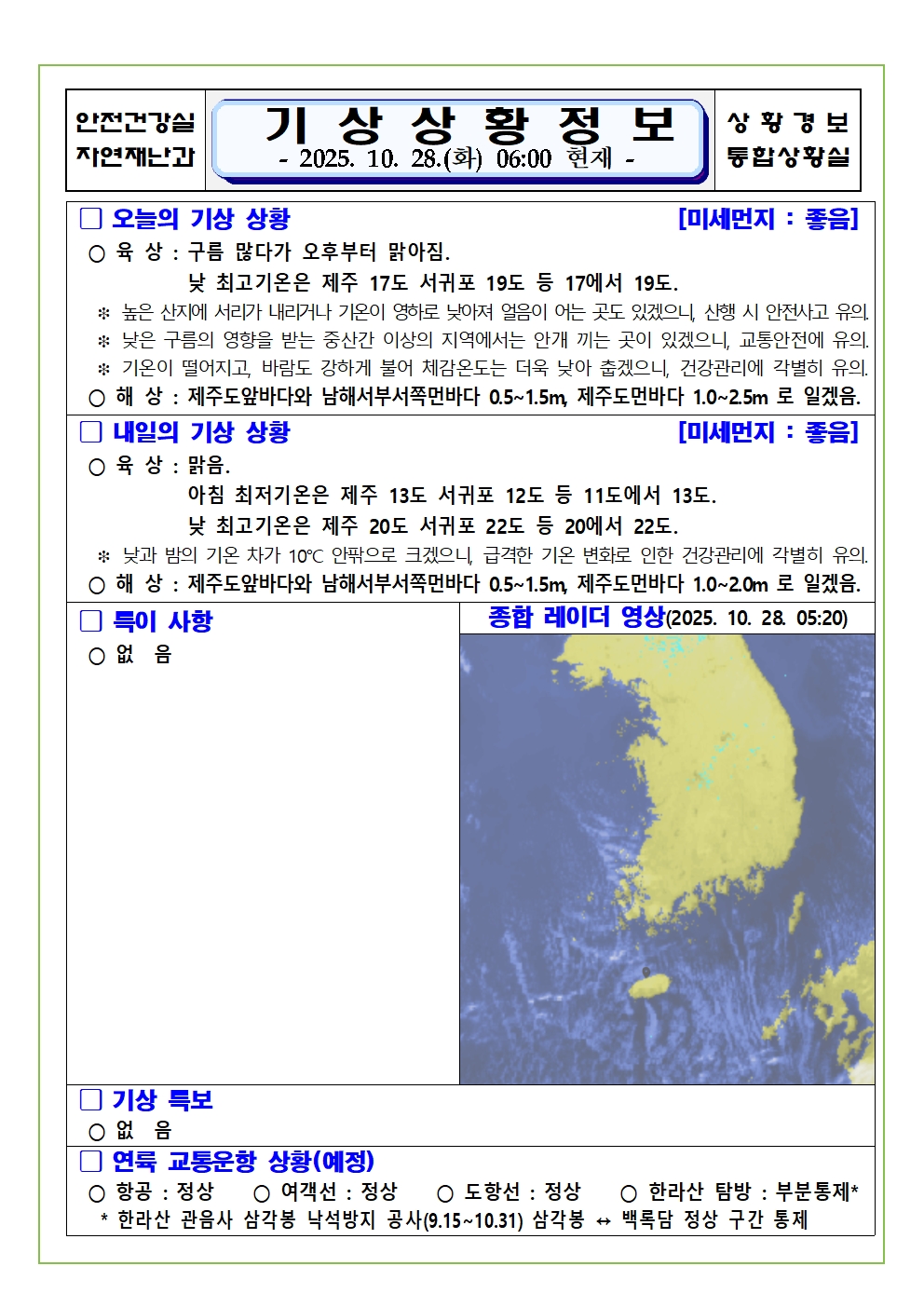 기상상황 2025. 10. 28. 화요일 