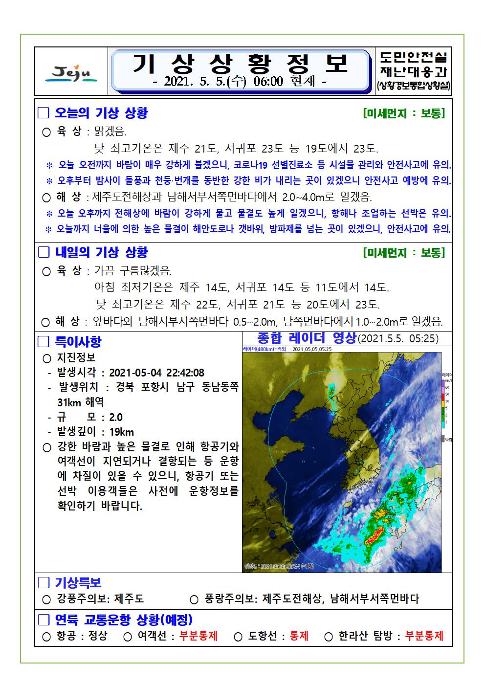 기상상황 2021. 5. 5. 수요일 