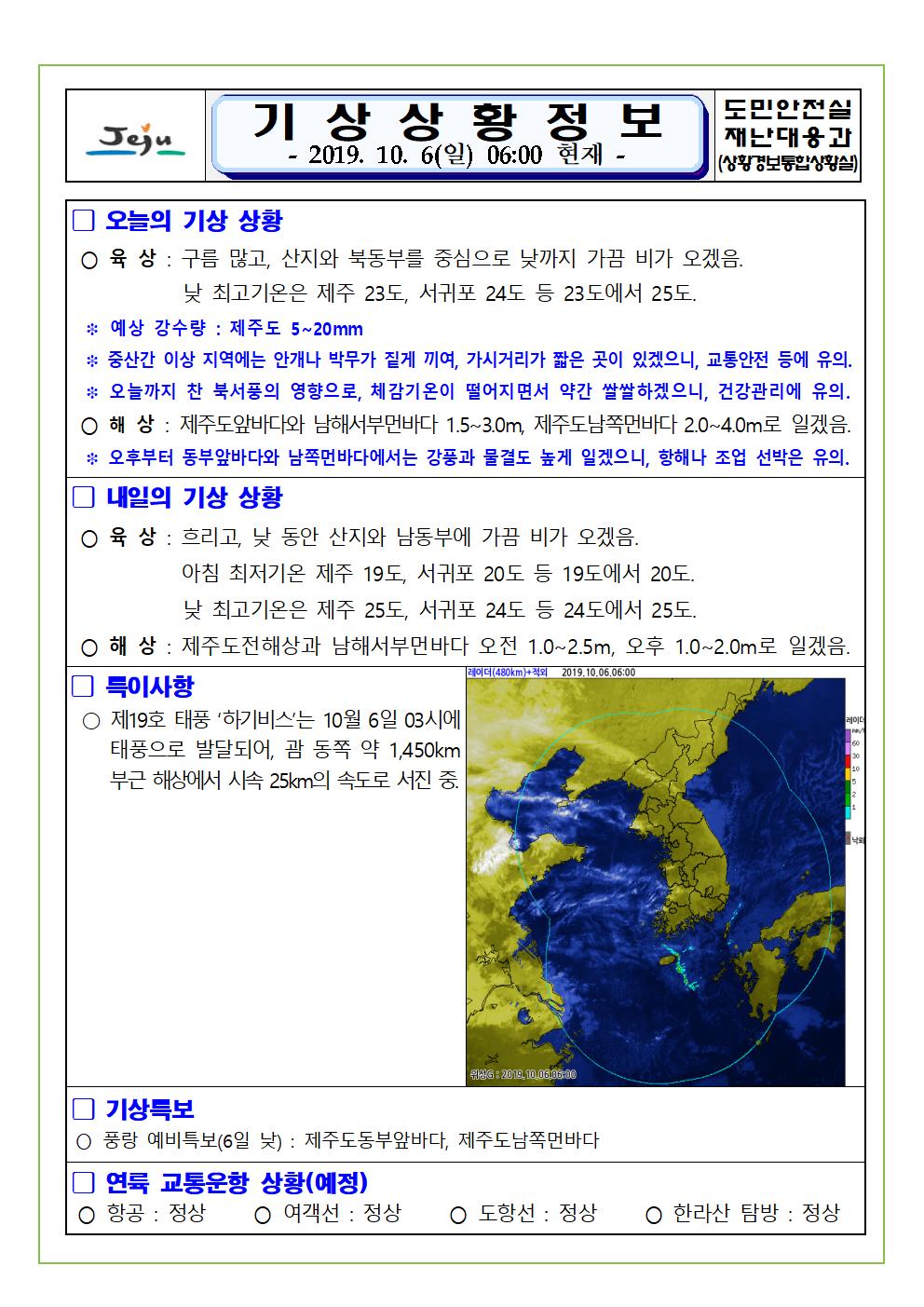 기상상황 정보 2019.10.6. 일요일 