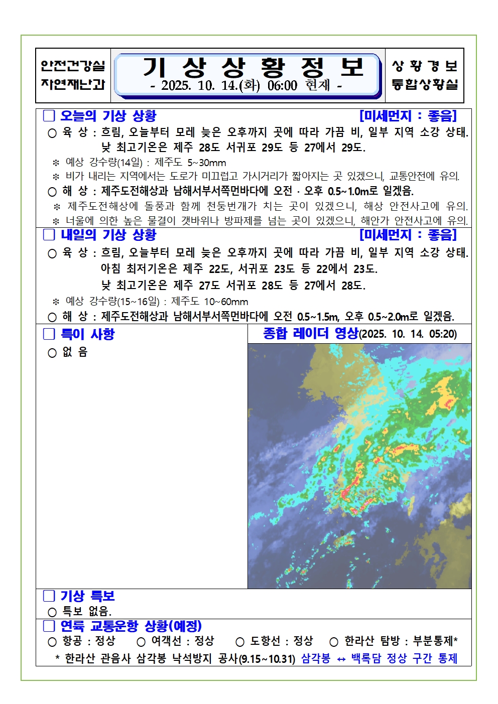기상상황 2025. 10. 14. 화요일